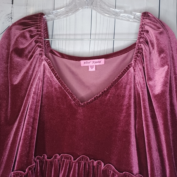 Betsey Johnson V-neck Mini Velvet Long Sleeve Dress in Burgundy - Picture 2 of 13